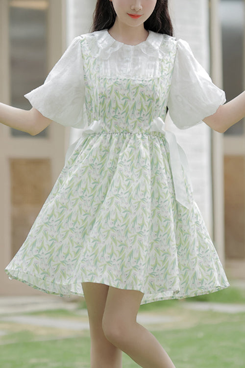 Green Doll Collar Puff Short Sleeve Chiffon Floral Print High Waisted Sweet Lolita Dress - Green - 1