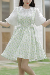 Green Doll Collar Puff Short Sleeve Chiffon Floral Print High Waisted Sweet Lolita Dress - Green - 1
