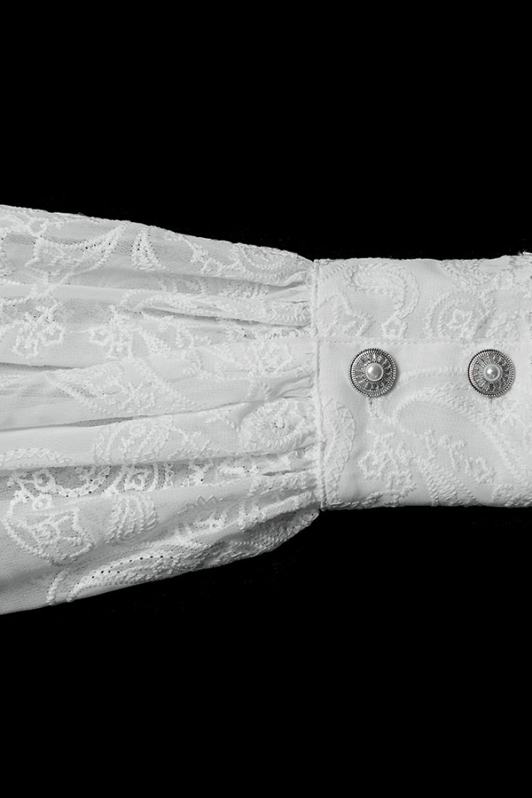 White Stand Collar Long Puff Sleeves Floral Embroidered Women's Gothic Blouse - Product - 7
