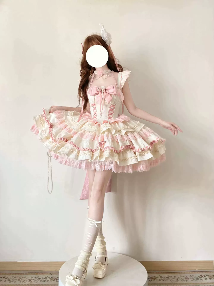 Light Blue and Pink Ruffled Sweet Lolita Dress with Floral Bow Accent - view 9