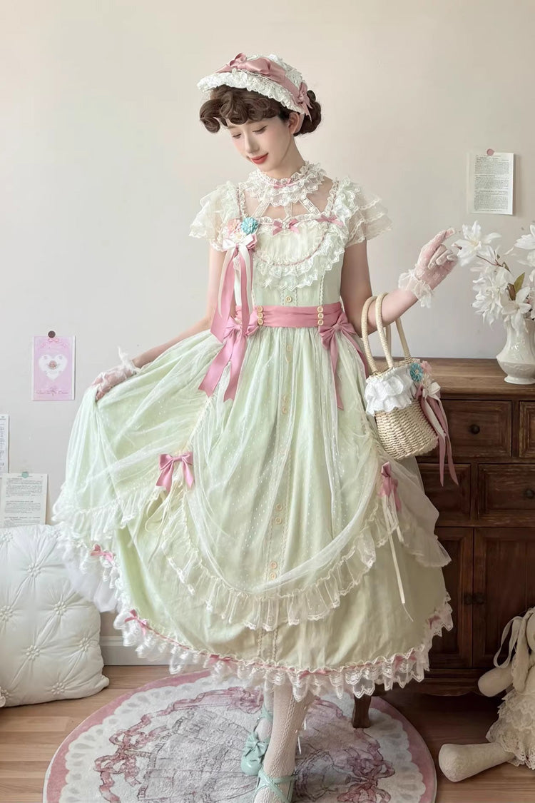 Green [Sakura’s Spring Resonance] Sleeveless Ruffled Bow Sweet Lolita Jsk Dress (Long Version) - Product - 5