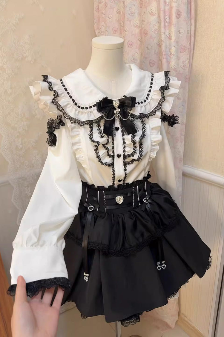 Black/White Doll Collar Long Sleeves Ruffled Bow Sweet Jirai Kei Skirt Set - Product - 2