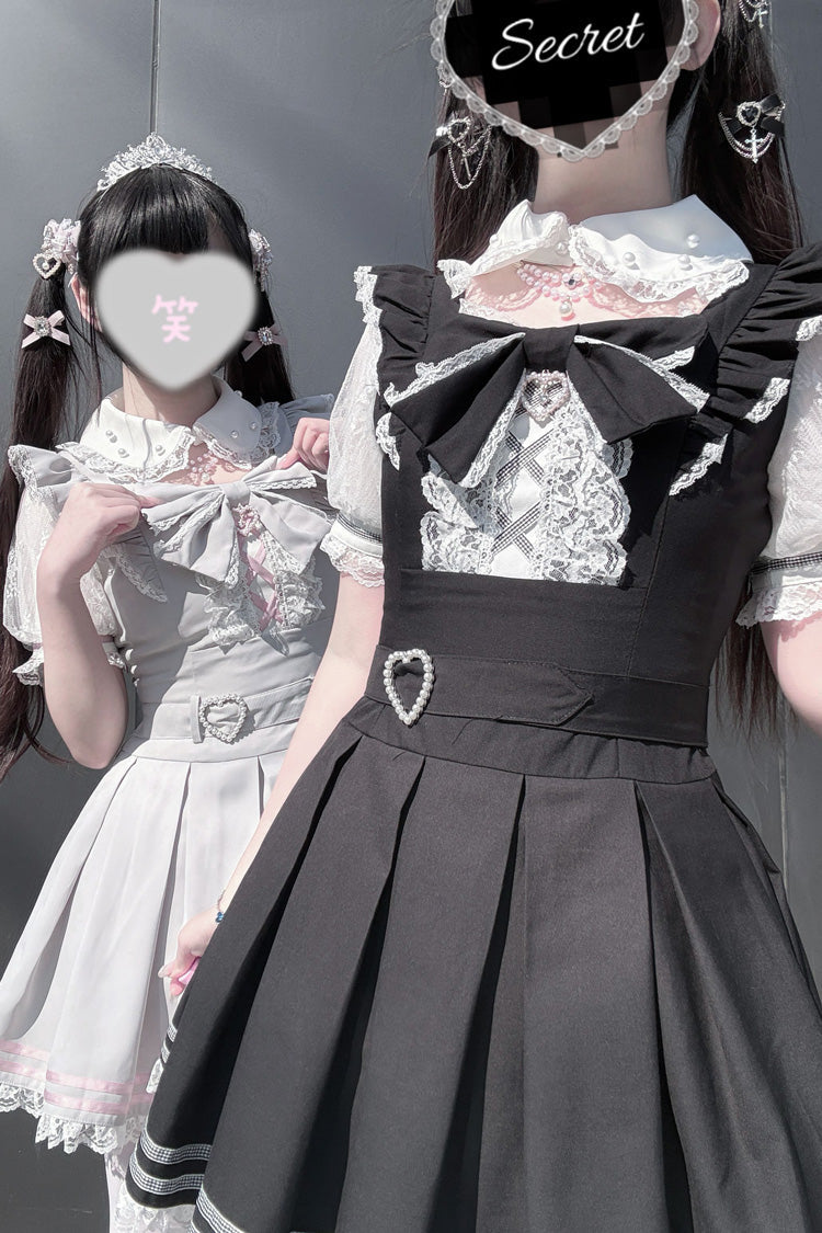 [Pearl Letter] Lapel Collar Short Sleeves Ruffled Bow Lace Jirai Kei Japanese Dress 2 Colors - Product - 3