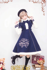 Bear Print Embroidery Long Sleeves Bowknot Sweet Lolita Woolen Coat 2 Colors - Product - 3