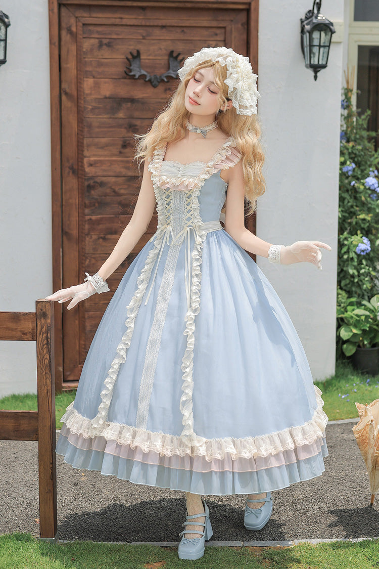 Blue [Island Diary] Square Collar Flutter Sleeves Triple-Layered Ruffled Lace-Up Sweet Lolita Jsk Dress 2 Versions - Product - 18