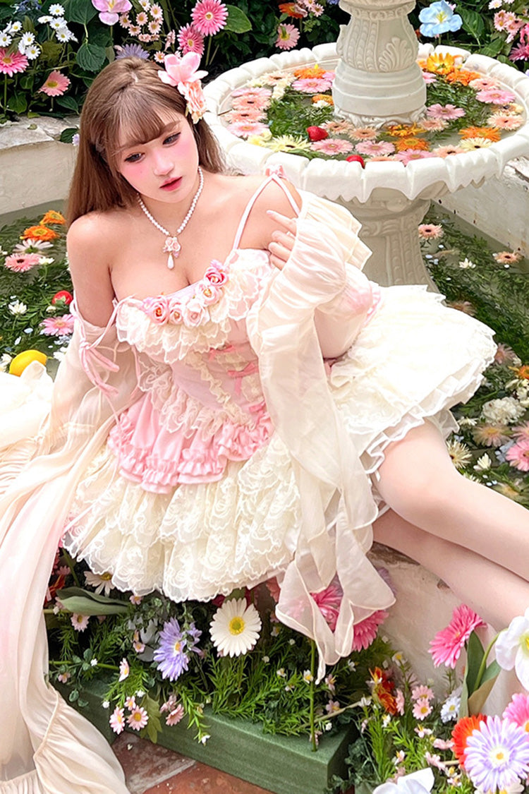 Pink [Pure Dream Flower Love] Multi-Layered Ruffle Embroidery Bowknot Lace Sweet Lolita Jsk Dress - Product - 14