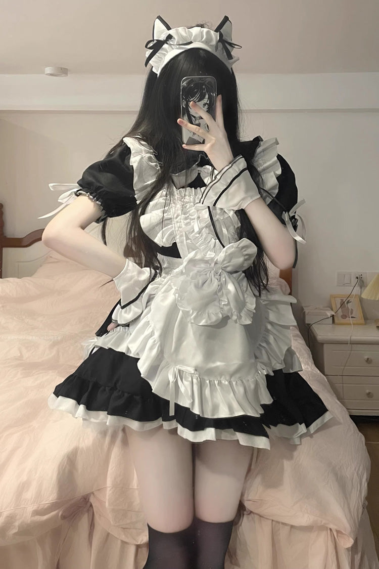 Black/White Maid Short Sleeves Ruffle Plus Size Sweet Lolita Dress - Black/White - 1