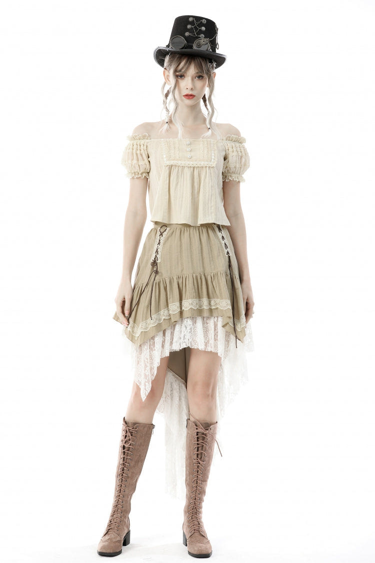White/Yellow Women's Steampunk Victorian Lace Multi-Layered Dovetail Ruffled Skirt - White/Yellow - 1