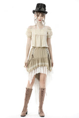White/Yellow Women's Steampunk Victorian Lace Multi-Layered Dovetail Ruffled Skirt - White/Yellow - 1