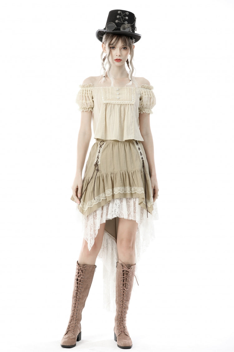 White/Yellow Women's Steampunk Victorian Lace Multi-Layered Dovetail Ruffled Skirt - White/Yellow - 1