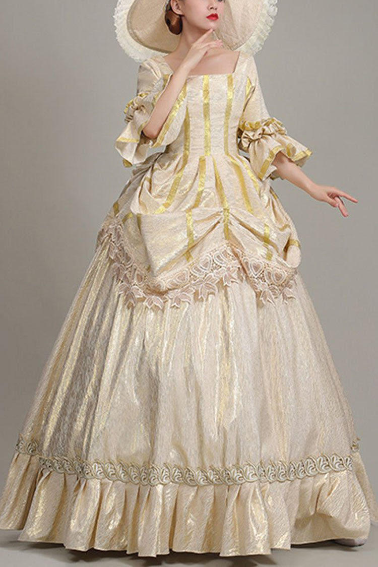 Champagne Half Sleeves Square Collar High Waisted Ruffled Victorian Lolita Prom Dress - Champagne - 1