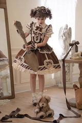 Brown Short Sleeves Print Ruffle Bowknot Sweet Princess Lolita Jsk Dress Set - Product - 9