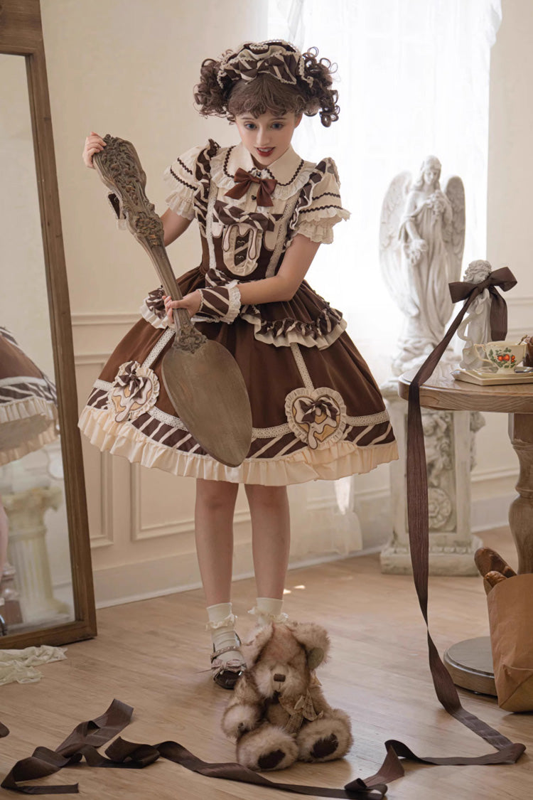 Brown Short Sleeves Print Ruffle Bowknot Sweet Princess Lolita Jsk Dress Set - Product - 9
