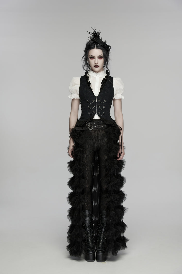 Black Jacquard Lace Lace-Up Slim Pleated Women's Gothic Palace Vest - Product - 2