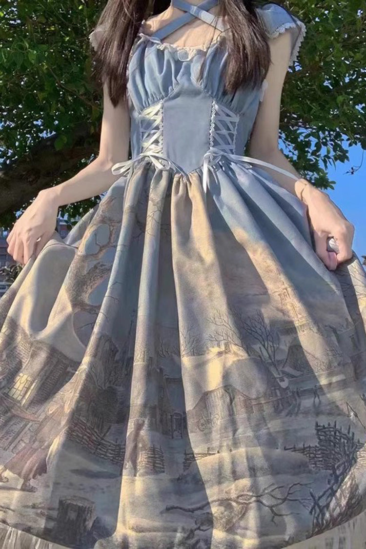 Village Print Ruffle Lace Off Shoulder Elegant Princess Sweet Lolita Jsk Dress 2 Colors - Product - 4