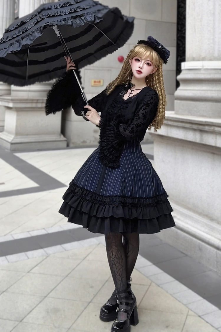 [Escape] Double-Layered Jacquard Striped Printed Ruffled Slim Gothic Lolita Jumper Dress 3 Colors - Product - 8