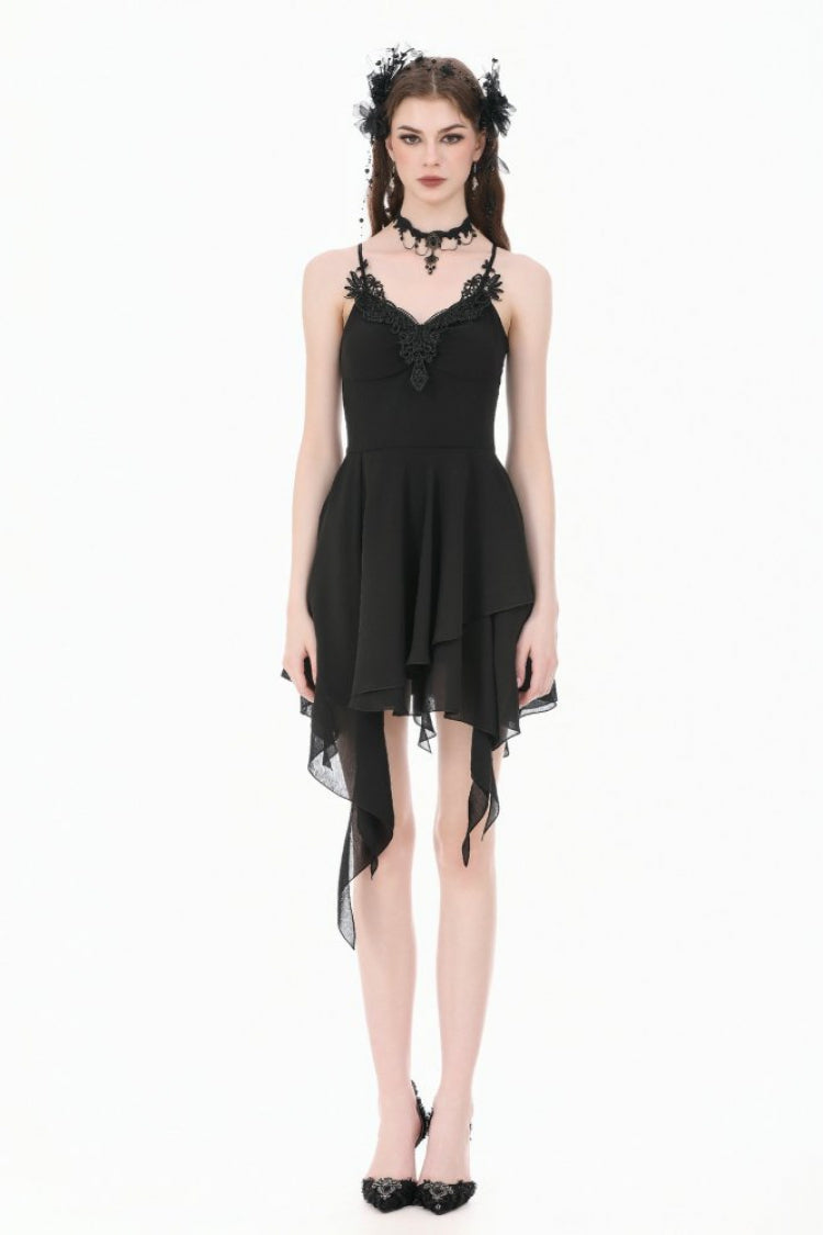 Black V Collar Lace Embroidered Asymmetric Women's Gothic Slip Dress - Product - 6