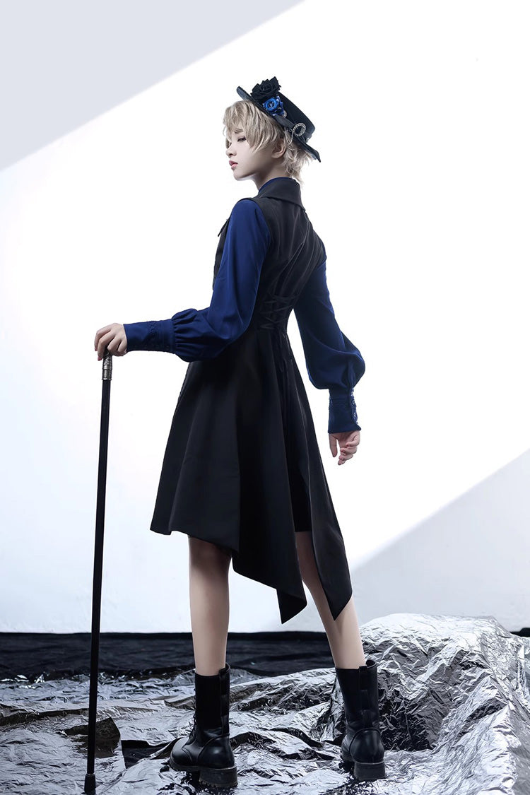 Black/Blue Vintage Medieval Little Prince Ouji Lolita Swallowtail Long Vest - Product - 6