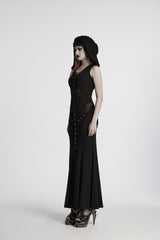 Black Off Shoulder Sleeveless Spliced Lace-Up Slim Mesh Studded Eyelet Women's Punk Dress - Product - 2
