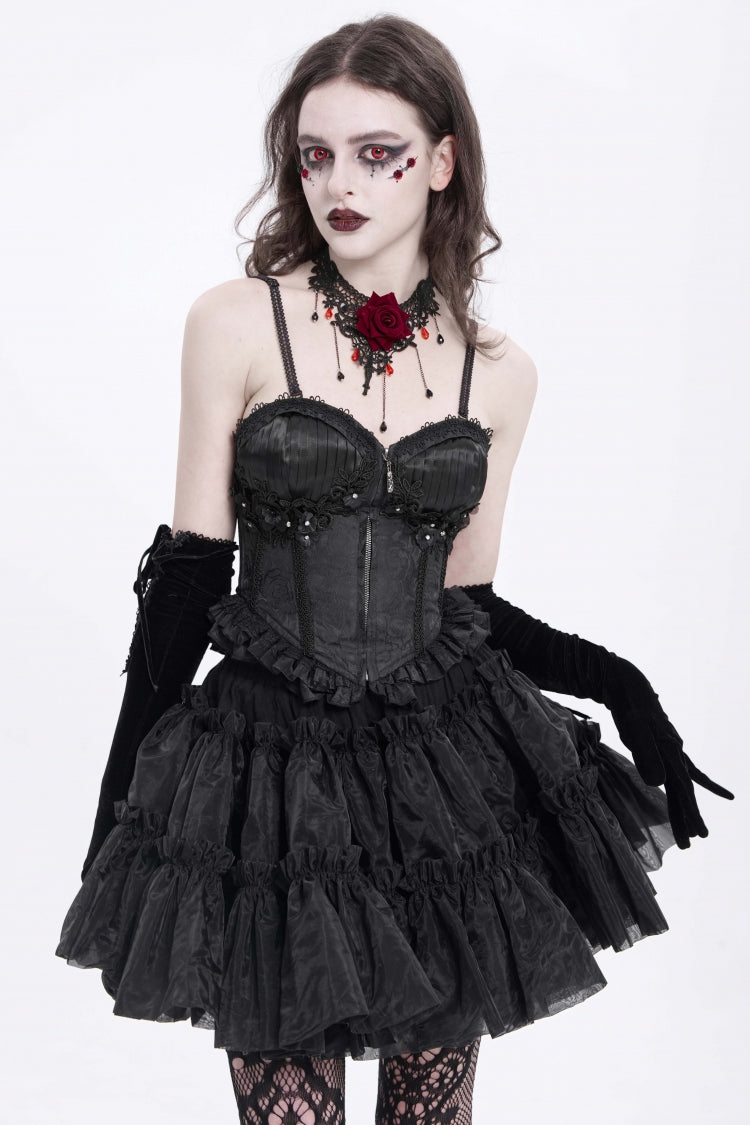 Black Sleeveless Ruffle Embroidery Lace-Up Women's Gothic Tank Top - Product - 3