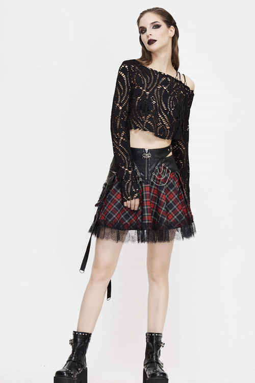 Black And Red Punk Lace Up Scottish Plaid Womens Skirts With Bag - Product - 5
