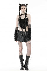 Black Halterneck Eyelet Lace-Up Ripped Women's Punk Tank Top - Black - 1