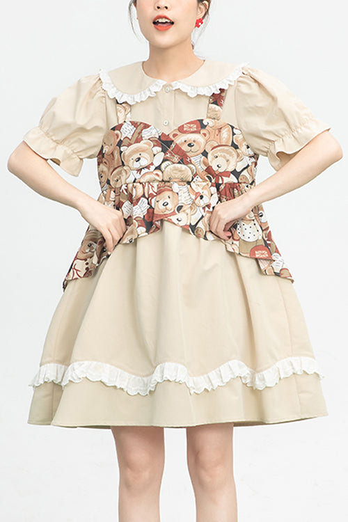 Beige Vintage Doll Collar Bear Print Fake Two Pieces Short Sleeves Sweet Lolita Dress - Beige - 1