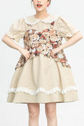 Beige Vintage bambola collare stampa orso finto due pezzi maniche corte dolce (solo abito) vista frontale
