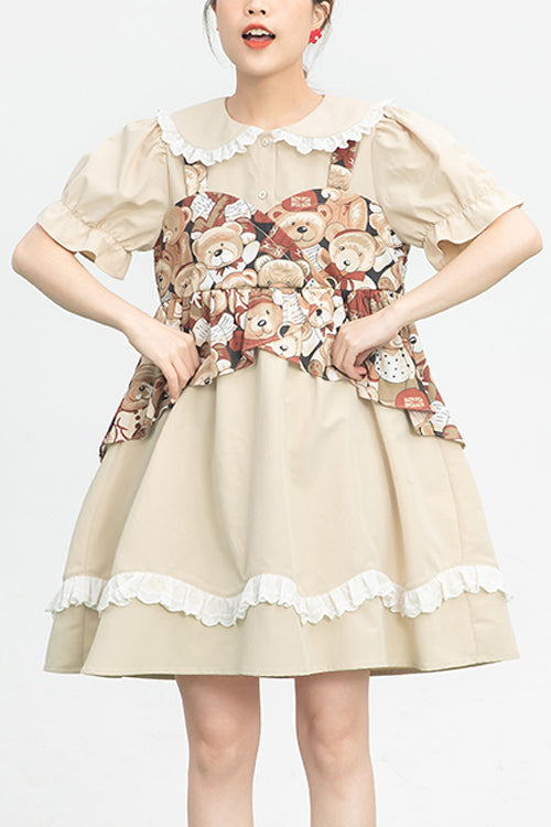Beige Vintage Doll Collar Bear Print Fake Two Pieces Short Sleeves Sweet Lolita Dress - Beige - 1