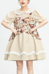 Beige Vintage Doll Collar Bear Print Fake Two Pieces Short Sleeves Sweet Lolita Dress - Beige - 1