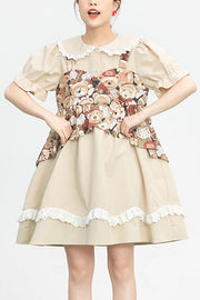 Beige Vintage bambola collare stampa orso finto due pezzi maniche corte dolce (solo abito) vista frontale
