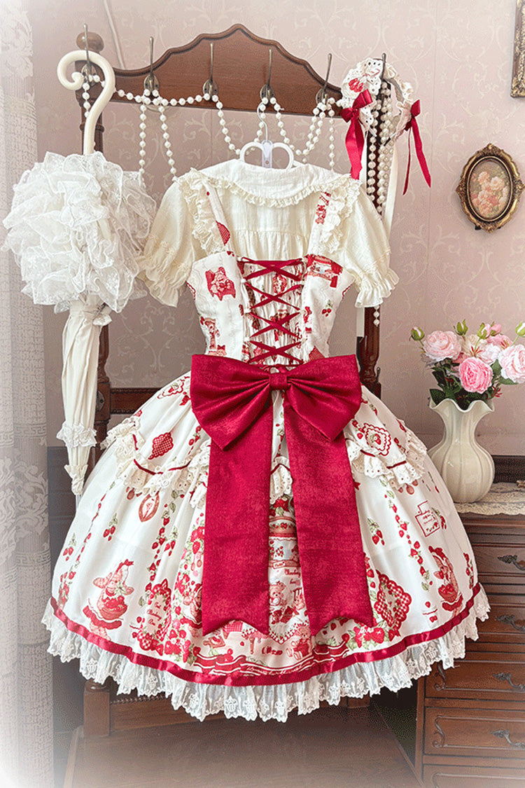 Ivory/Red [Strawberry Bear] Sleeveless Print Ruffle Embroidery Bowknot Lace Sweet Lolita Jsk Dress - Product - 9