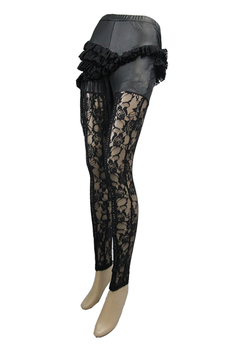 Black Knitted Base Cloth Rose Flower Net Material Asymmetric Lace Hip Transparent Women's Gothic Leggings - Product - 7