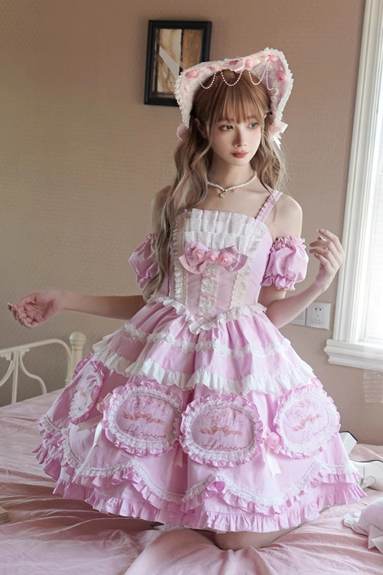 Pink [Butterfly Dream] Multi-Layered Print Ruffle Bowknot Sweet Princess Lolita Jsk Dress - Product - 2