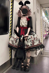 Black [Alice of the Asylum] Print Bowknot Lace Gothic Lolita Dress 2 Versions - Product - 9