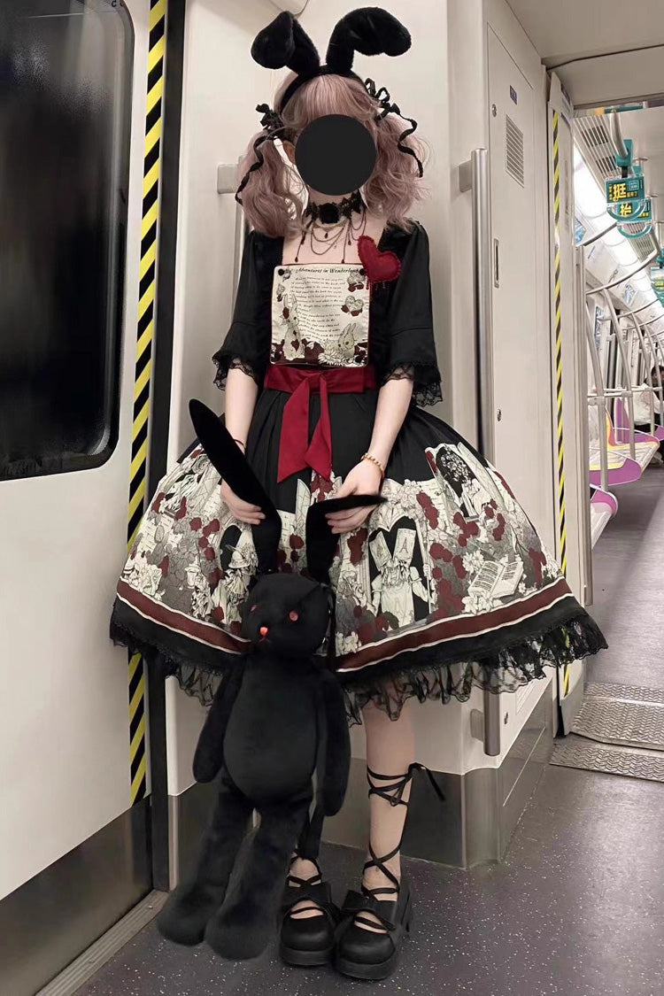 Black [Alice of the Asylum] Print Bowknot Lace Gothic Lolita Dress 2 Versions - Product - 9