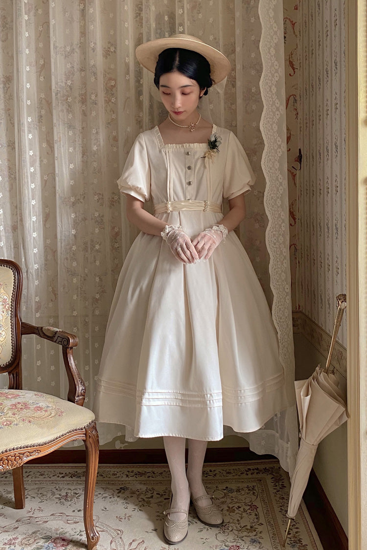 Apricot [Random Thoughts] Square Collar Short Sleeves Ruffle Classic Vintage Elegant Lolita Dress - Apricot - 1