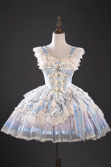 Blue [Moonstone] Sleeveless Ruffle Embroidery Bowknot Lace Fishbone Sweet Princess Lolita Dress - Product - 3