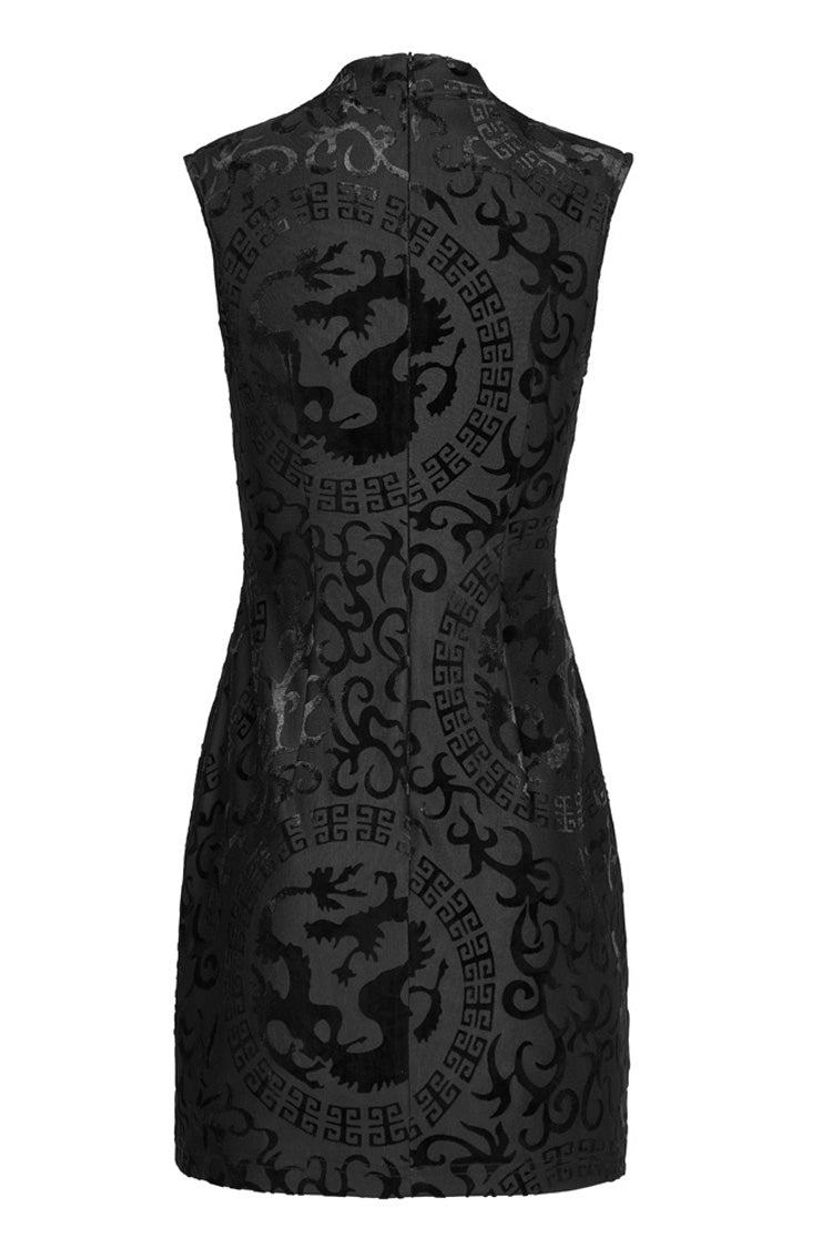 Black Chinese Style Stretch Velvet Burning Flower Dragon Totem Pattern Decoration Small Slit Hem Sleeveless Women's Gothic Dress - Product - 7