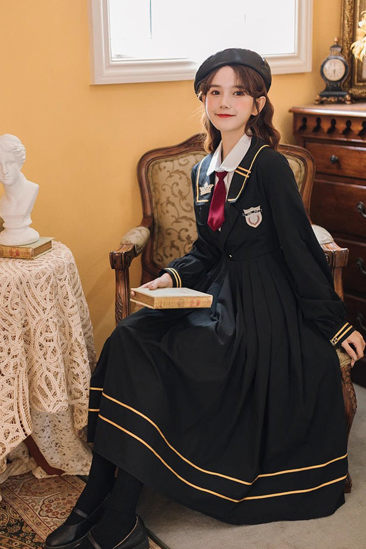 Black Long Sleeves Embroidery Sweet College Style Elegant Lolita Dress - Product - 8