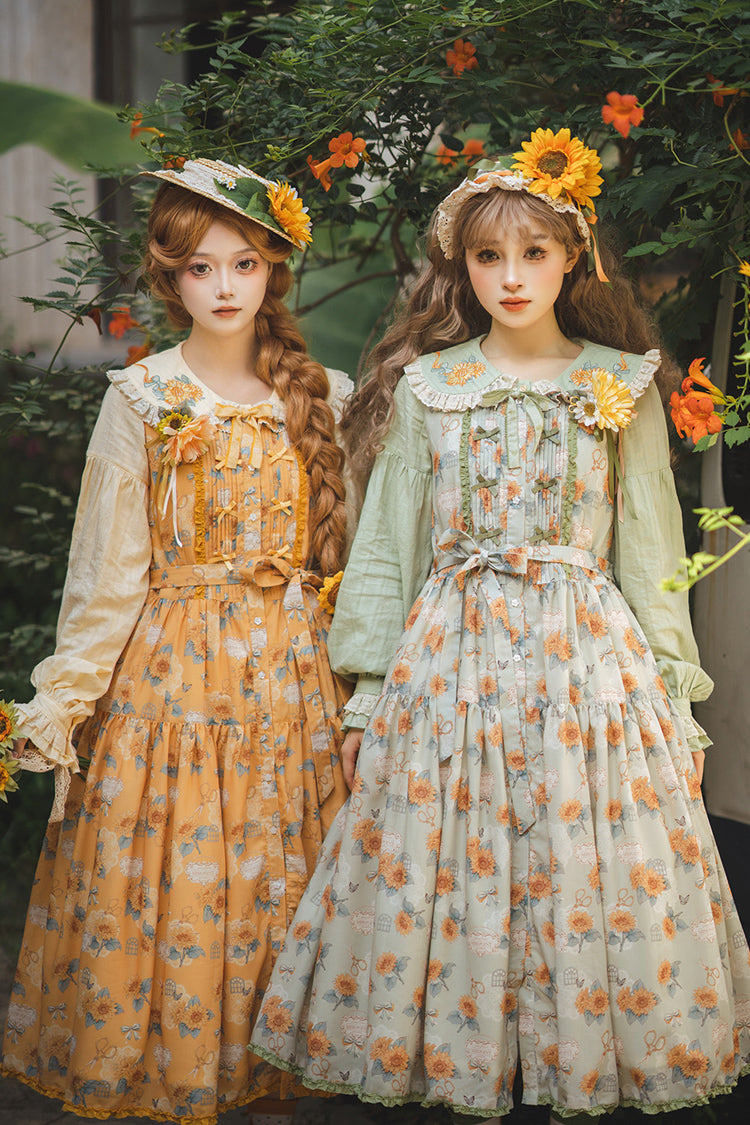 Green [Gardening Sunflower] Sleeveless Print Ruffle Bowknot Sweet Elegant Lolita Jsk Dress - Product - 10
