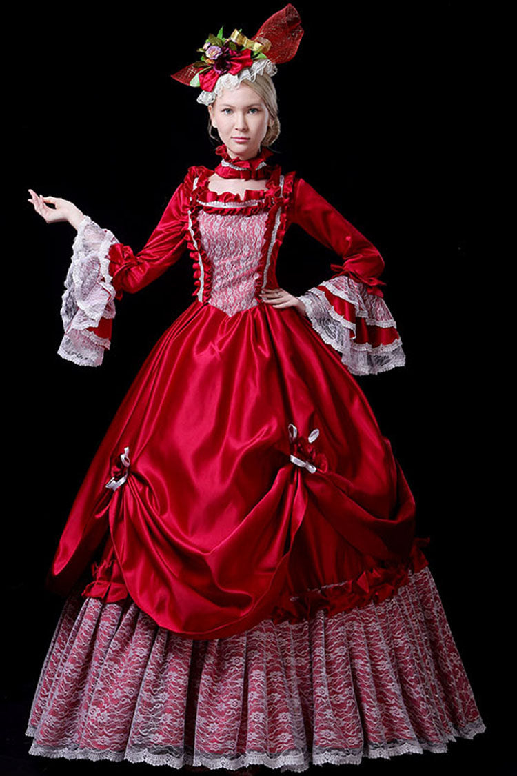 Red Multi-Layer Hime Sleeves High Waisted Hollow Embroidery Floral Print Victorian Lolita Prom Dress - Product - 2