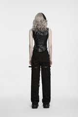 Black Lapel Collar Slim Fit Asymmetric Studded Buckled Zippered Women's Punk Cool Vest - Product - 4