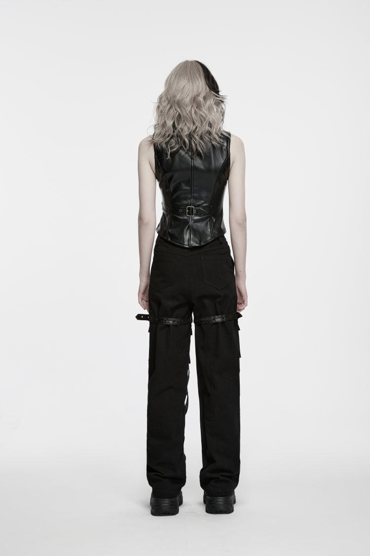 Black Lapel Collar Slim Fit Asymmetric Studded Buckled Zippered Women's Punk Cool Vest - Product - 4