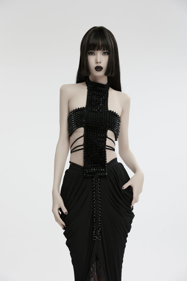 Black Off Shoulder Lace Lace-Up Slim Studded Buckled Women's Gothic Corset - Black - 1