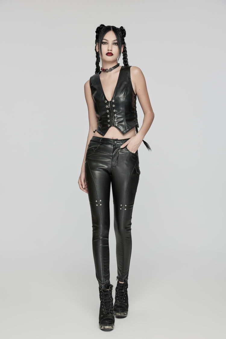 Black Lace-Up Slim Zippered Women's Punk Cool Faux Leather Vest - Product - 6
