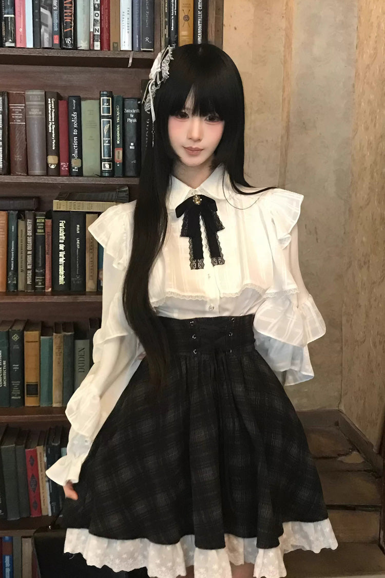 Black/White Long Sleeves Plaid Printed Lace Lace-Up Sweet Jirai Kei Skirt Set - Product - 11