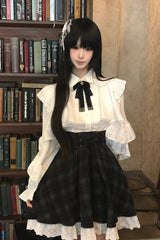 Black/White Long Sleeves Plaid Printed Lace Lace-Up Sweet Jirai Kei Skirt Set - Product - 11