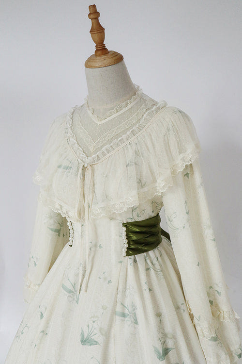 Beige Lace Round Collar Ruffled Lantern Sleeves Fresh Floral Print Sweet Lolita OP Dress - Product - 9