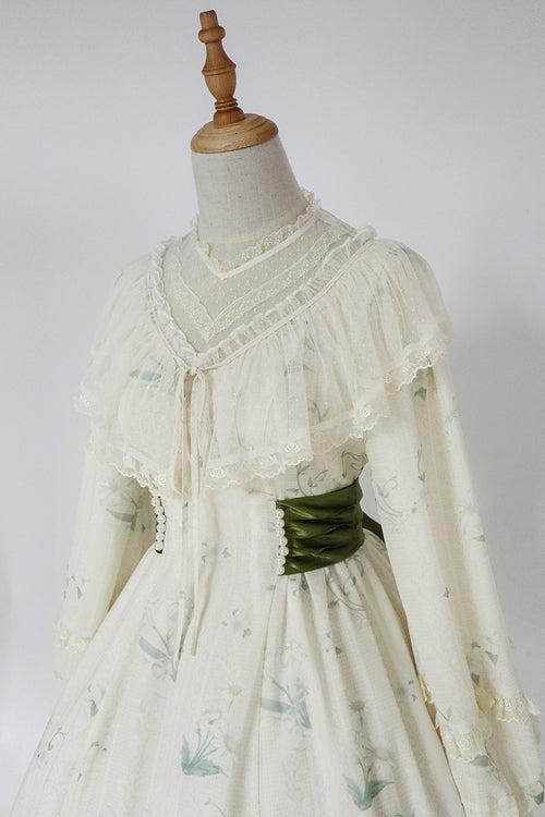 Beige Lace Round Collar Ruffled Lantern Sleeves Fresh Floral Print Sweet Lolita OP Dress - Product - 9